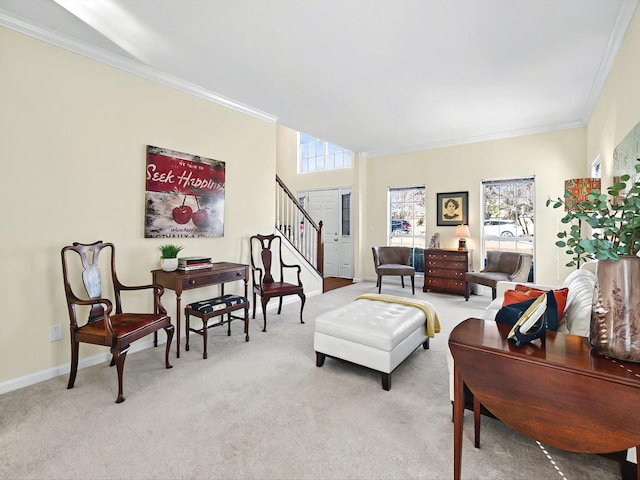 living room featuring crown molding and light colored carpet