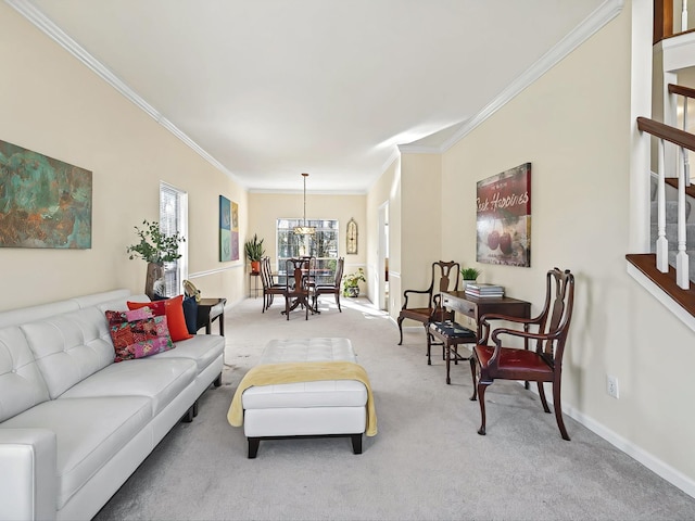 living room featuring ornamental molding and light carpet