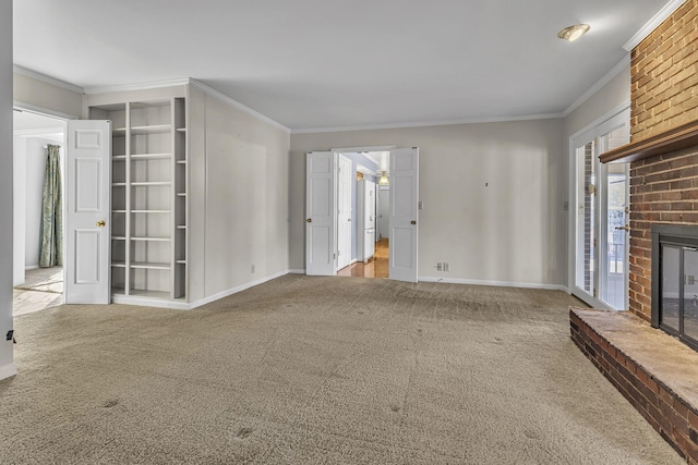 unfurnished living room featuring ornamental molding, light colored carpet, and a fireplace