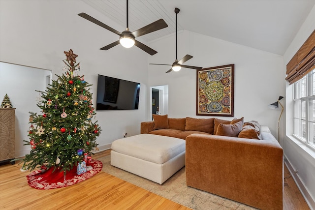 living room with hardwood / wood-style floors and high vaulted ceiling