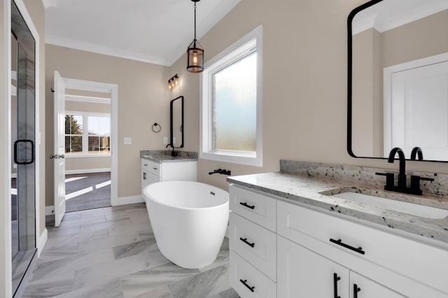 bathroom featuring independent shower and bath, vanity, and ornamental molding