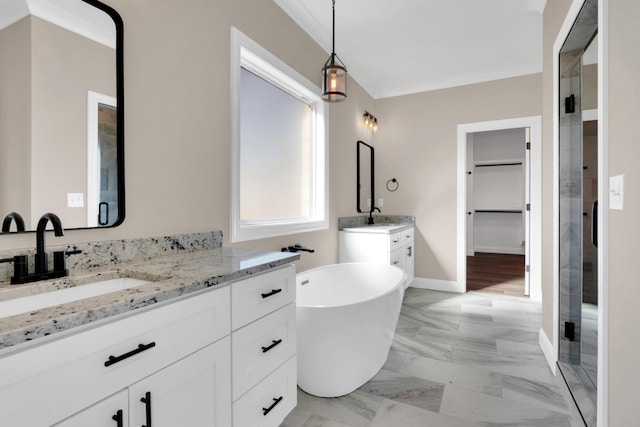 bathroom featuring vanity and plus walk in shower