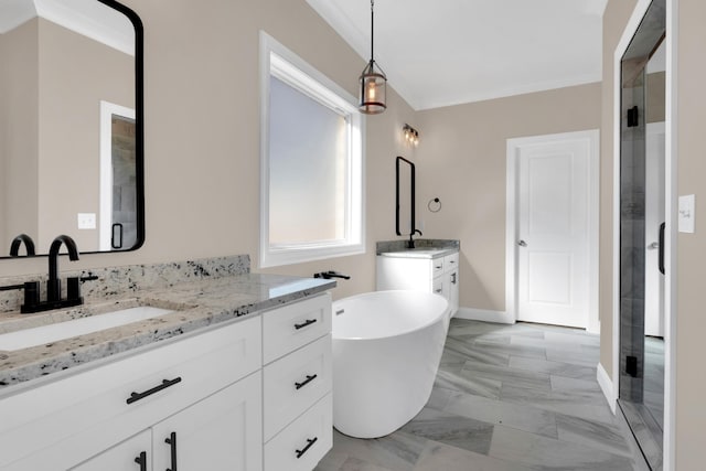 bathroom featuring vanity, separate shower and tub, and ornamental molding