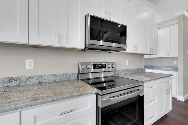 kitchen with white cabinetry, light stone counters, dark hardwood / wood-style flooring, and stainless steel appliances