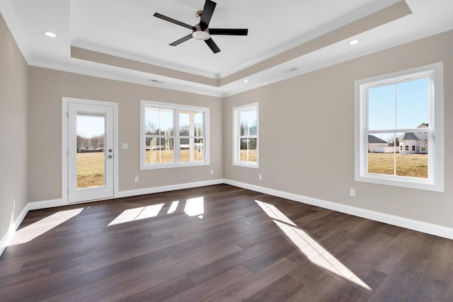 unfurnished room featuring ceiling fan, ornamental molding, dark hardwood / wood-style flooring, and a raised ceiling