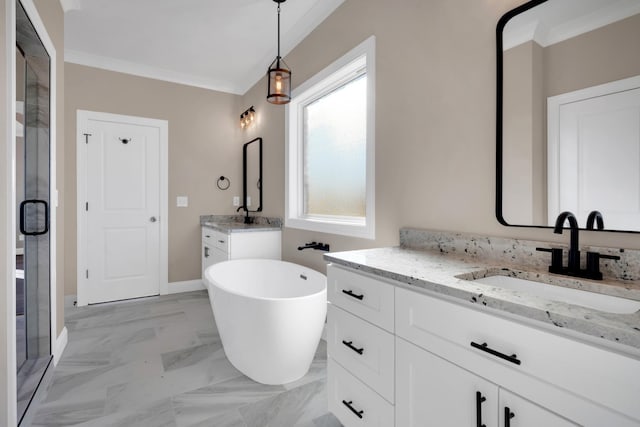 bathroom featuring vanity, ornamental molding, and plus walk in shower