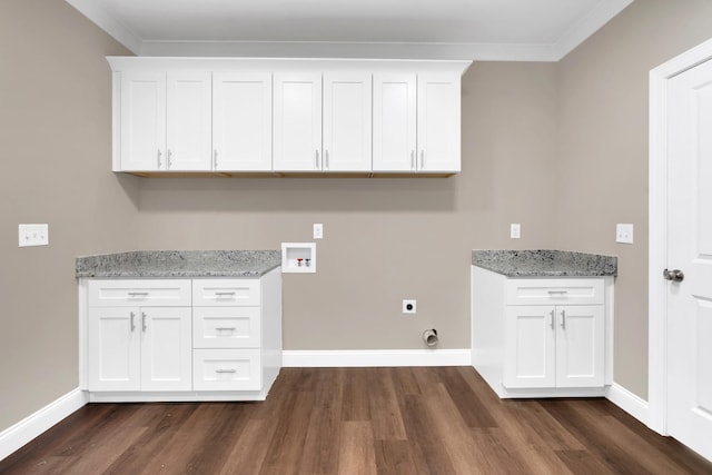 clothes washing area with dark hardwood / wood-style floors, cabinets, hookup for a washing machine, crown molding, and electric dryer hookup