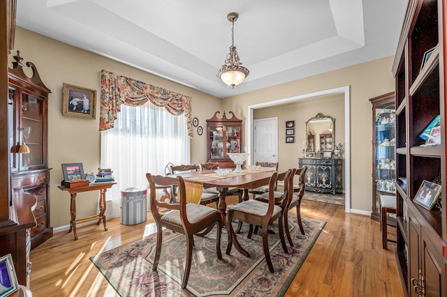 dining room with a raised ceiling and light hardwood / wood-style floors