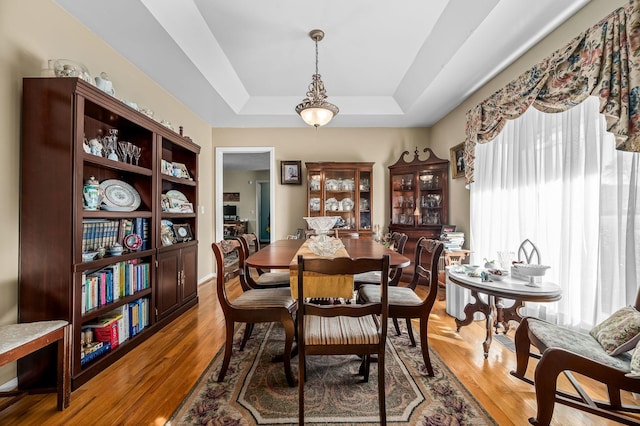 dining space with hardwood / wood-style floors and a tray ceiling