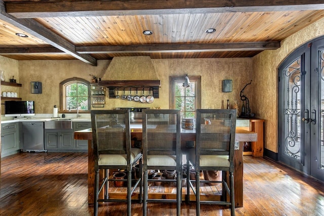 bar with beamed ceiling, custom exhaust hood, wooden ceiling, and french doors