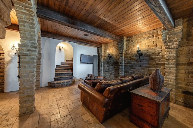 cinema room with wood ceiling and beamed ceiling