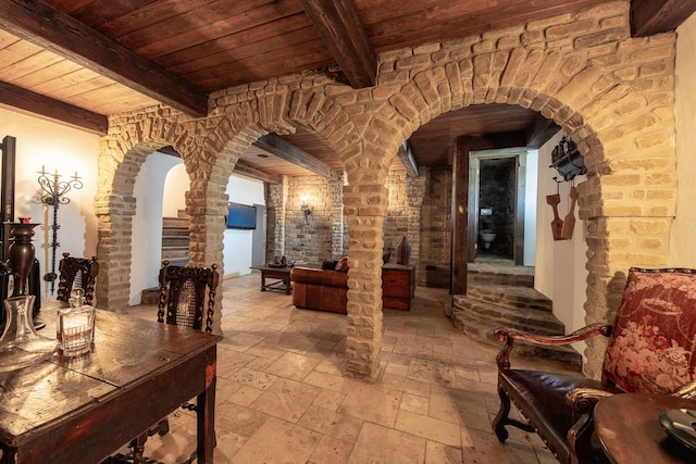 interior space featuring wooden ceiling and beamed ceiling