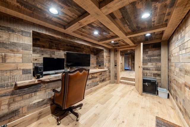 office space featuring coffered ceiling, wood ceiling, wooden walls, and light hardwood / wood-style flooring