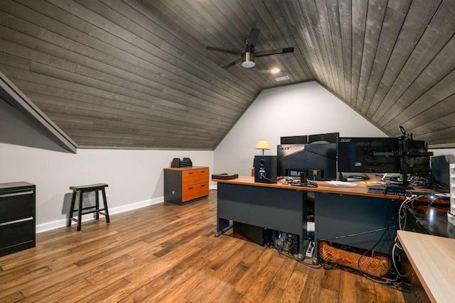 office space with wood ceiling, vaulted ceiling, ceiling fan, and hardwood / wood-style flooring