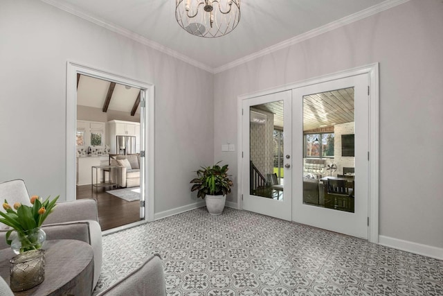 doorway with crown molding, vaulted ceiling with beams, an inviting chandelier, and french doors