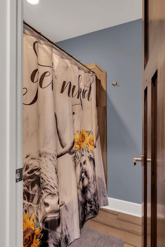 bathroom featuring walk in shower and hardwood / wood-style floors