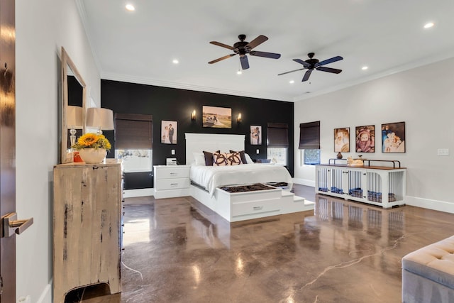 bedroom with multiple windows and crown molding