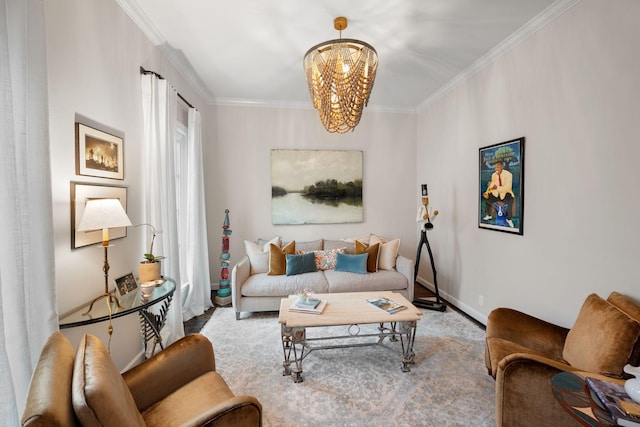 living room featuring ornamental molding and a chandelier