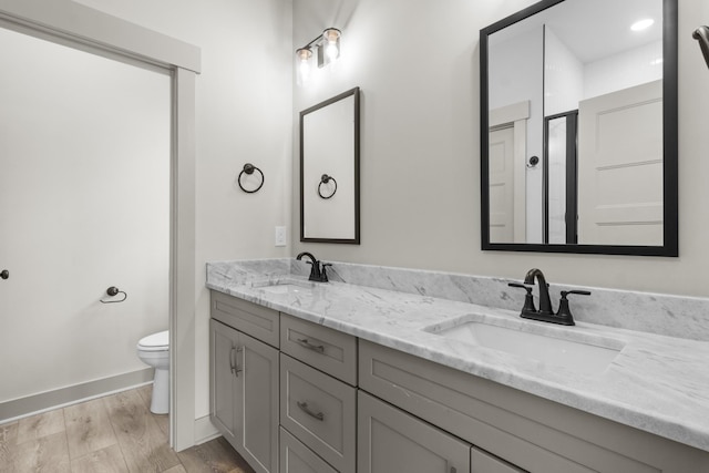 bathroom featuring hardwood / wood-style flooring, vanity, and toilet