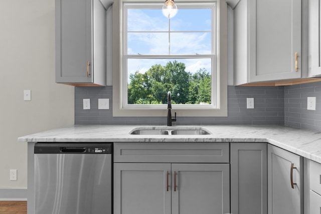 kitchen featuring sink, gray cabinetry, backsplash, light stone counters, and stainless steel dishwasher