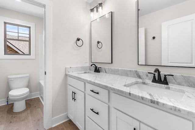 bathroom with vanity, wood-type flooring, and toilet