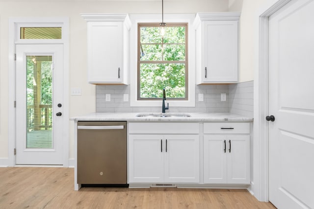 kitchen featuring white cabinetry, dishwasher, sink, and backsplash