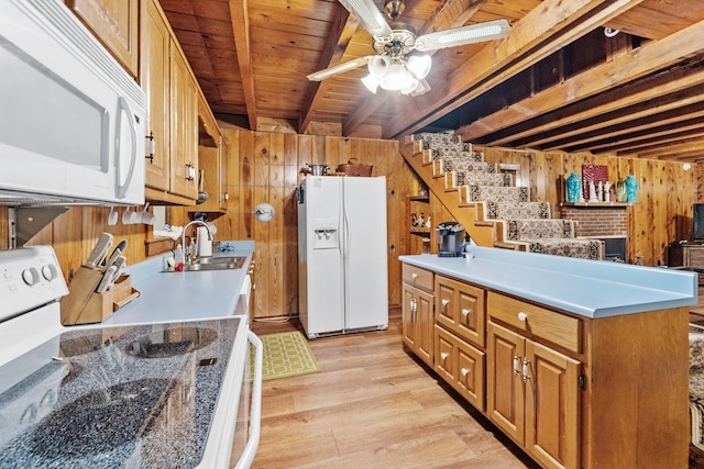 kitchen featuring white appliances, wooden ceiling, beamed ceiling, and wood walls