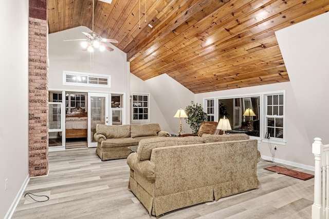 living room featuring ceiling fan, high vaulted ceiling, light wood-type flooring, and wood ceiling