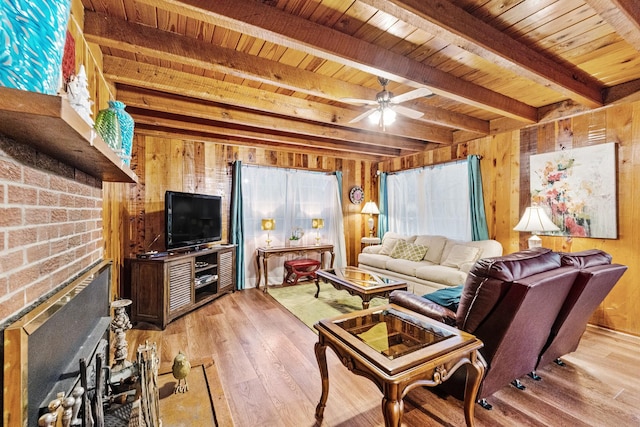 living room with wooden ceiling, beamed ceiling, and wood walls