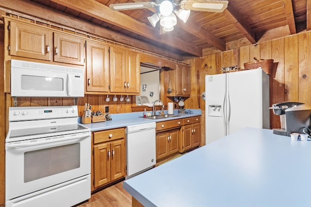 kitchen with sink, wooden ceiling, wooden walls, white appliances, and beam ceiling