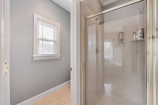 bathroom with tile patterned flooring and an enclosed shower