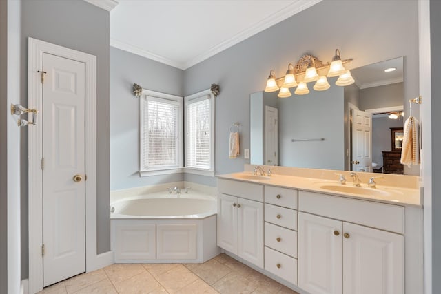 bathroom featuring tile patterned flooring, vanity, ornamental molding, and a bath