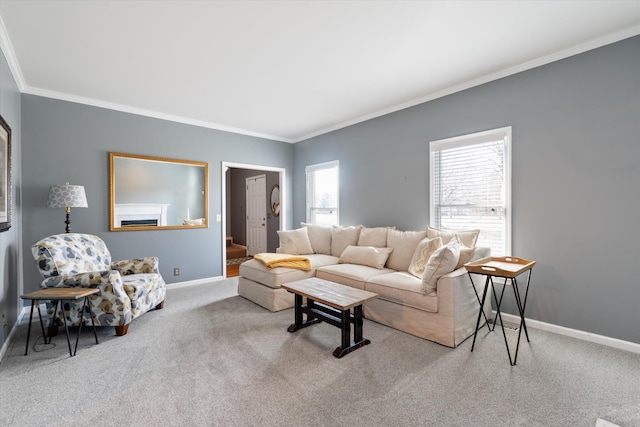 living room featuring crown molding and carpet flooring