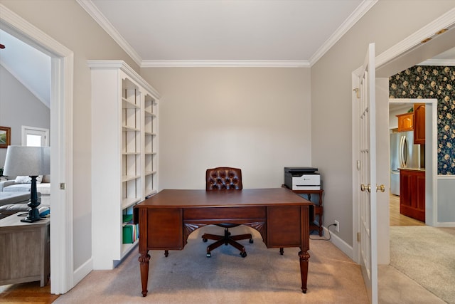 carpeted office with ornamental molding