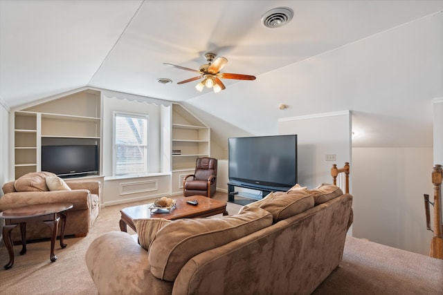 living room with ceiling fan, light colored carpet, and lofted ceiling