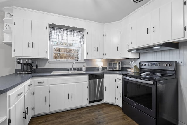 kitchen featuring sink, dark wood-type flooring, dishwasher, white cabinetry, and range with electric stovetop