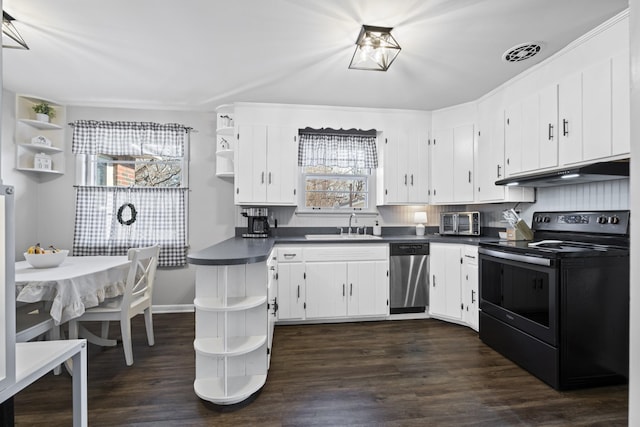 kitchen featuring sink, dishwasher, electric range, dark hardwood / wood-style floors, and white cabinets