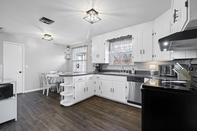 kitchen with sink, white cabinetry, electric range, stainless steel dishwasher, and kitchen peninsula