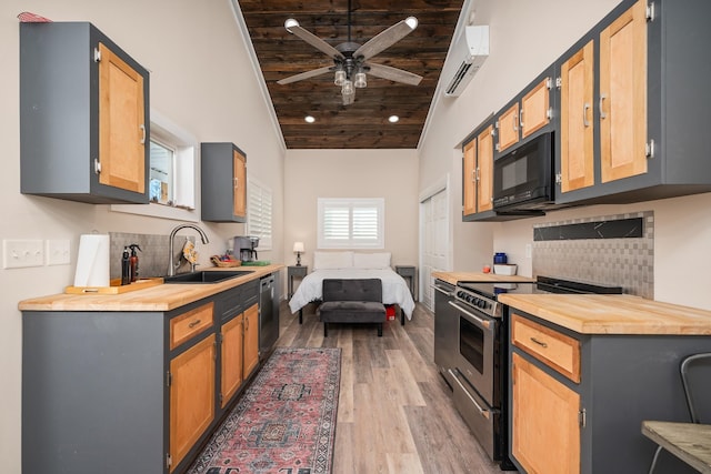 kitchen with appliances with stainless steel finishes, wood counters, sink, a wall mounted AC, and wood ceiling