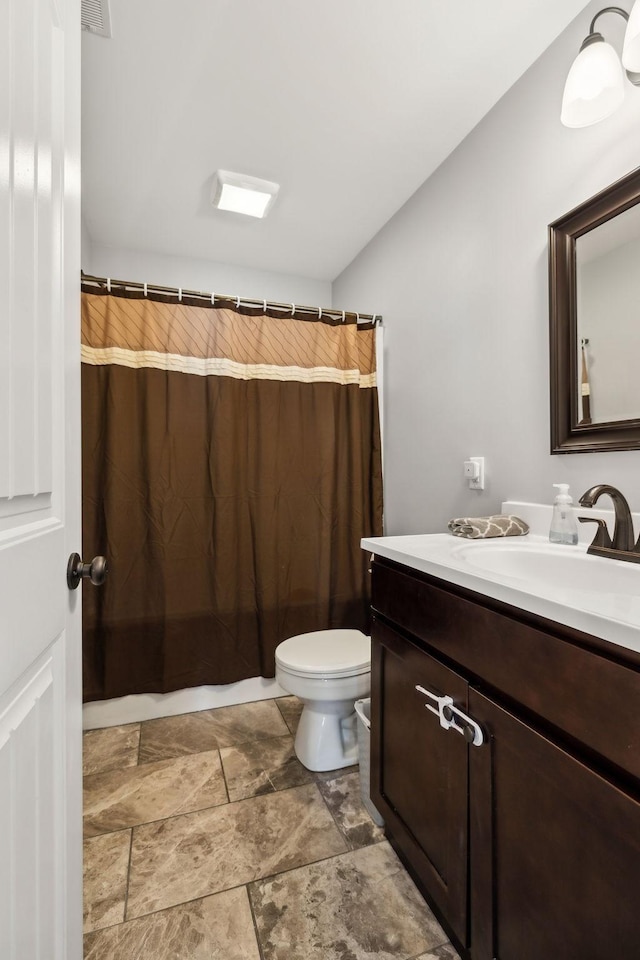 bathroom featuring vanity, a shower with curtain, and toilet