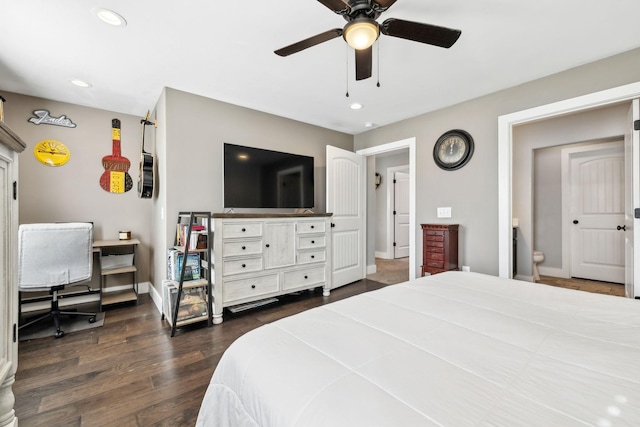 bedroom featuring dark hardwood / wood-style flooring and ceiling fan