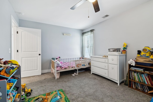 carpeted bedroom featuring ceiling fan