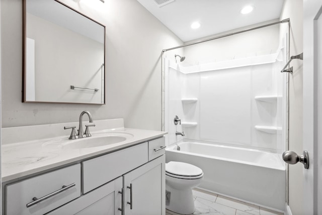 full bathroom with vanity, shower / washtub combination, and toilet