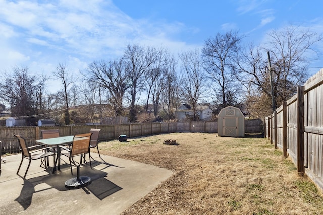 view of yard featuring a storage unit and a patio area