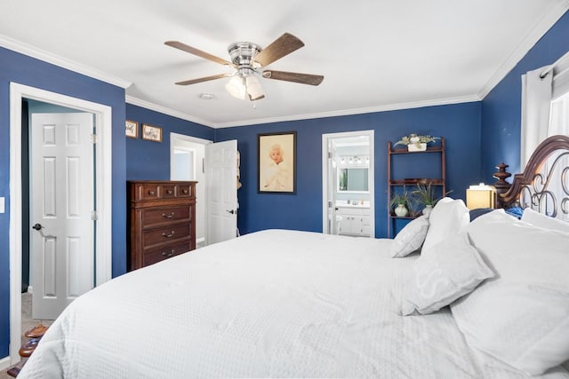 bedroom featuring ornamental molding, ceiling fan, and ensuite bathroom