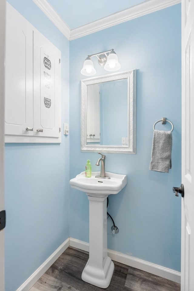 bathroom with crown molding and wood-type flooring