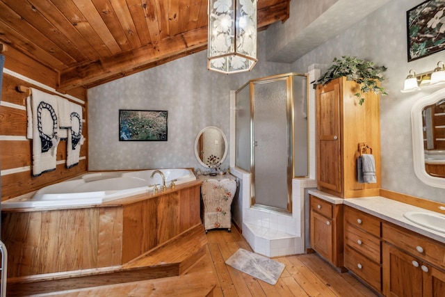 bathroom with a shower with door, wood-type flooring, wooden ceiling, and vanity