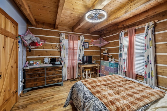 bedroom with wood ceiling, beamed ceiling, light wood-type flooring, and wood walls