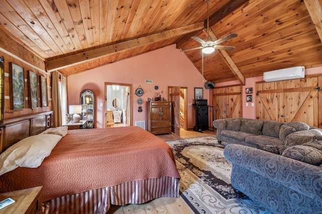 bedroom with vaulted ceiling with beams, wood ceiling, light hardwood / wood-style floors, and a wall mounted AC