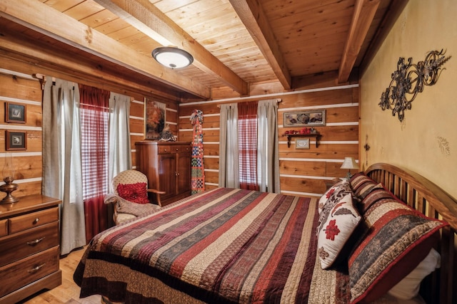 bedroom featuring wood ceiling, beam ceiling, and wood walls